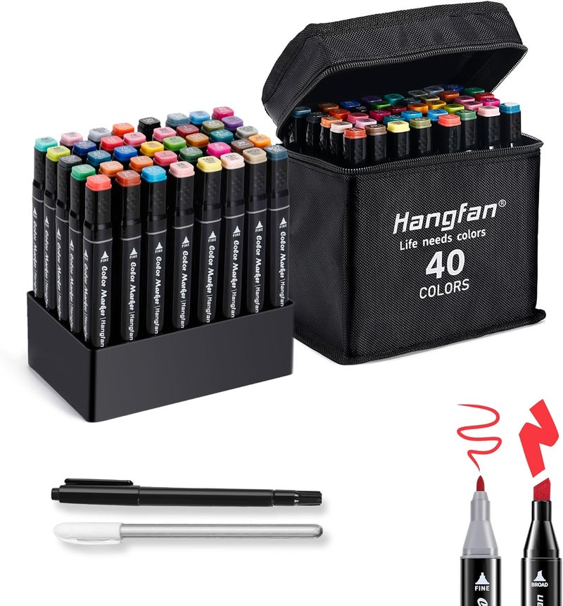 HandFan Art Markers, for Adult Coloring Books No Bleeding,40 Colors Dual Tip Alcohol Markers Brush Tip,Give 1 White Highlighter,1 Tracing Pen,Anime Coloring Sketch Illustrations (Black Pen Container) - Image 1